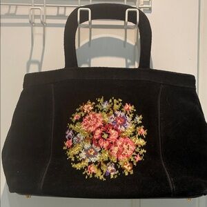 Feiler black needlepoint or tapestry handbag with a floral pattern👝